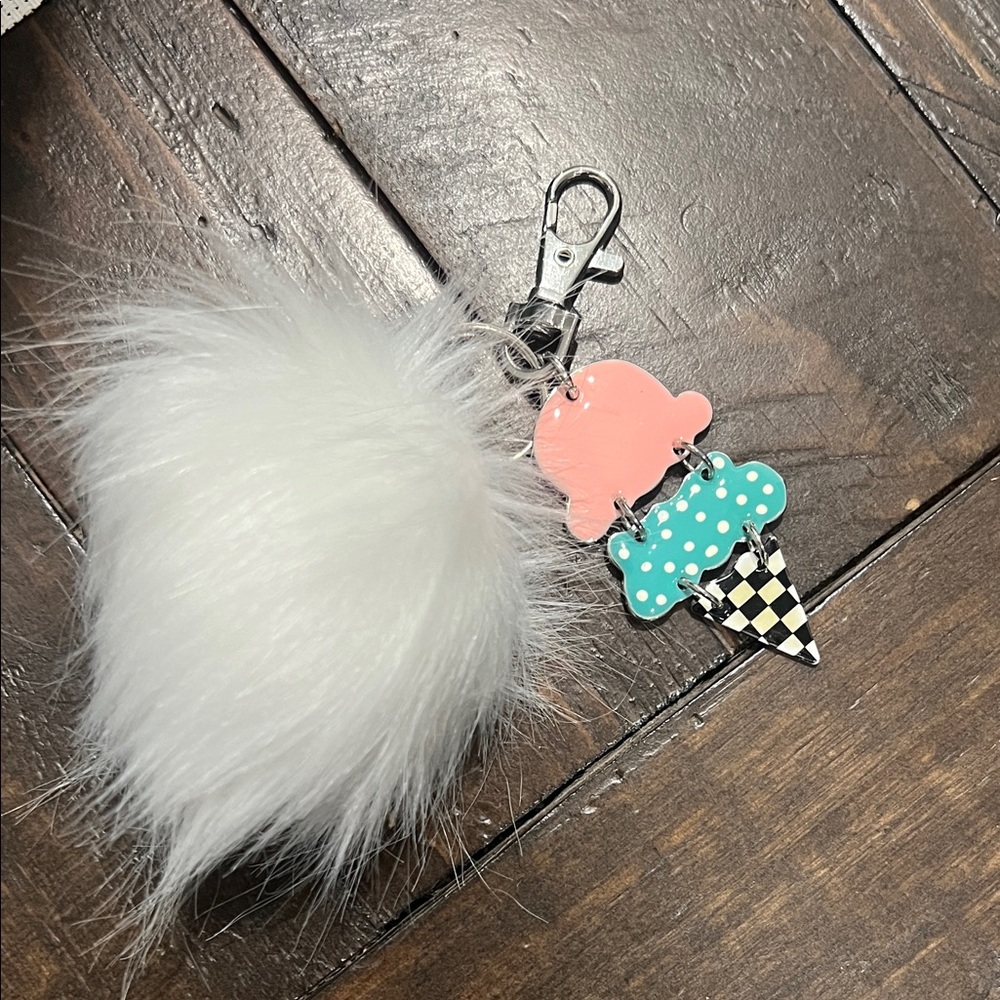 Fluffy White Pom Pom‎ Keychain with Ice Cream Charm